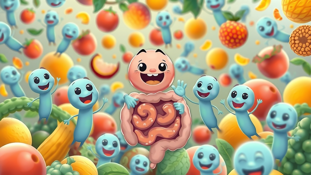 Active gut microbiome illustration, beneficial bacteria at work, cartoon style with fruits, vegetables, grains, vector high resolution, bright colors