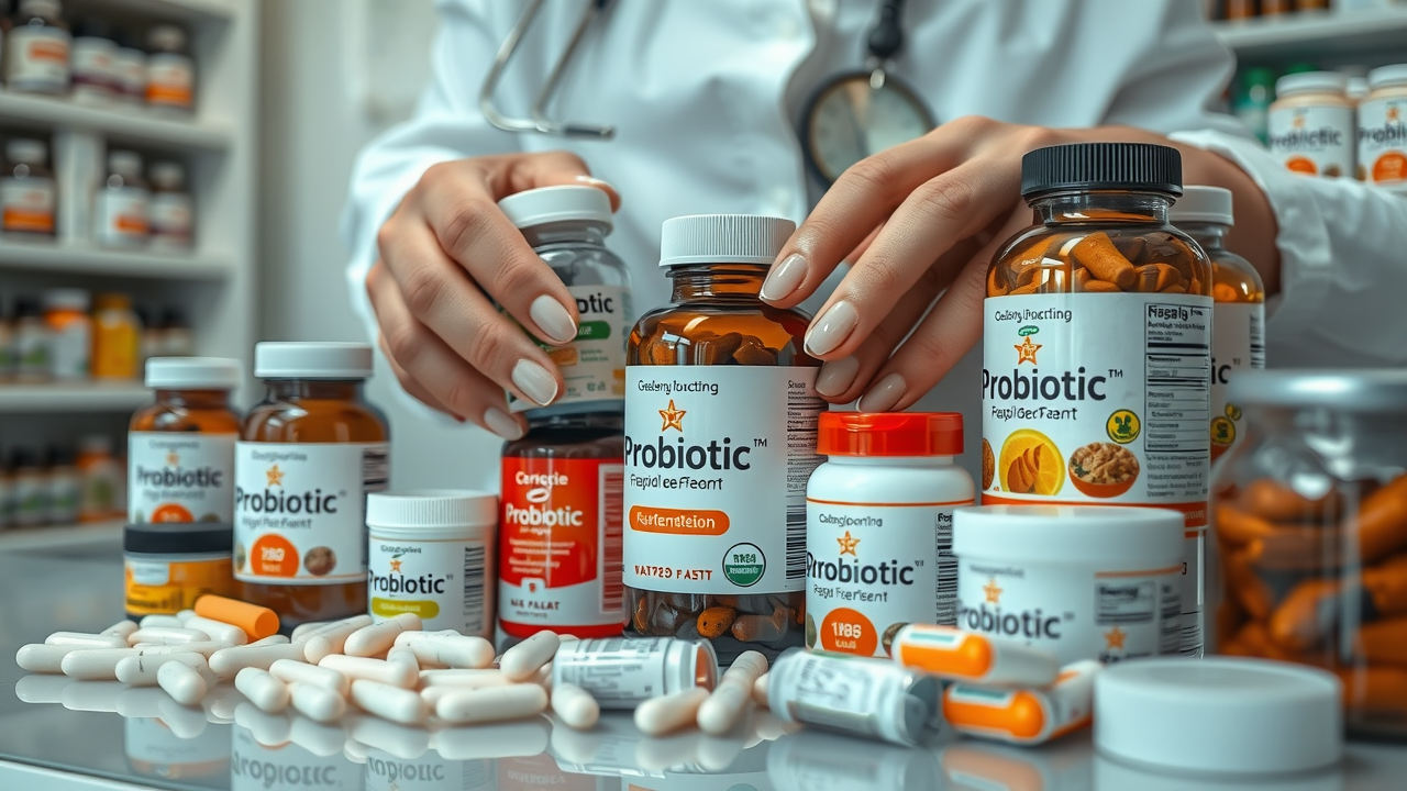 Hands comparing probiotic supplements and fermented foods for clean eating gut health in a store.