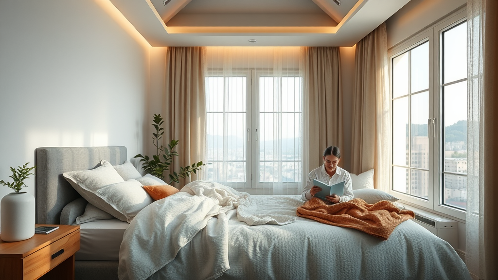 Modern interior design in calming bedroom setting with serene atmosphere.