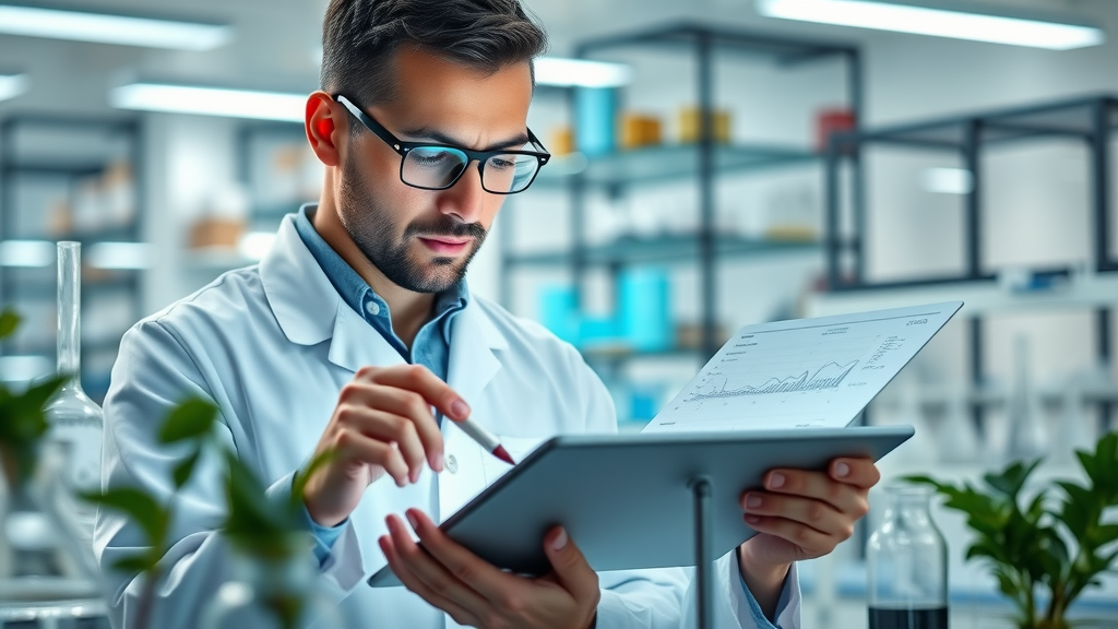scientific researcher studying hormone charts in laboratory for understanding endocrine disruptors and natural endocrine support