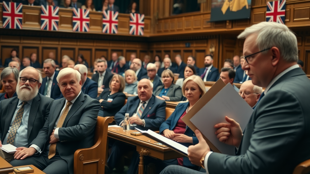 UK county council leaders in debate with Monmouthshire representative presenting monmouthshire first to market findings in a grand council chamber.
