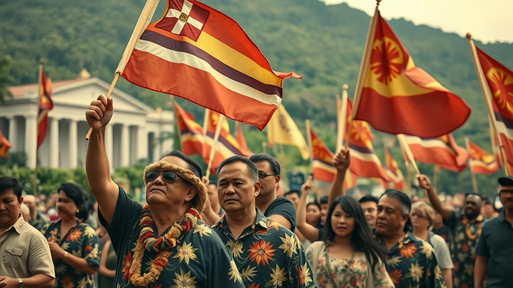 Historic Hawaiian gathering celebrating lā kūʻokoʻa, traditional clothing, flags, and reverence for the ʻāina