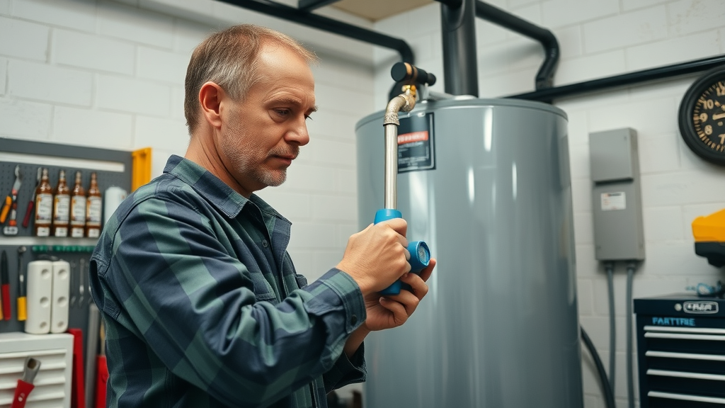 Professional technician repairing home water heater in spacious garage