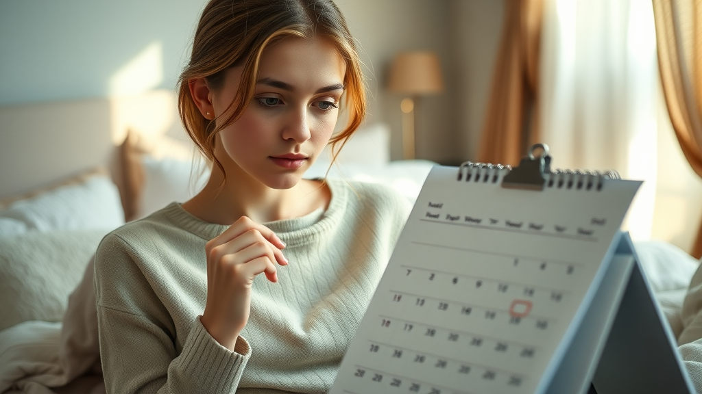 Woman marking menstrual cycle dates as part of tracking hormone health indicators, cozy bedroom