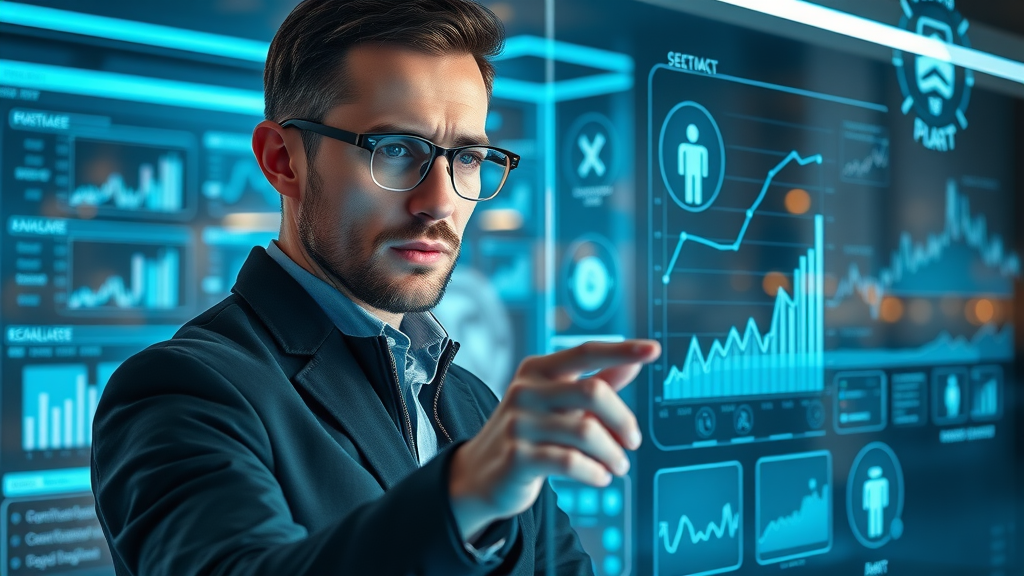 Futuristic marketer strategizing with AI content generation tools on transparent screen, neon blue accents