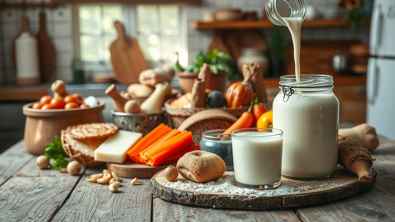 Fermented and fiber-rich foods support clean eating gut health on a rustic table.