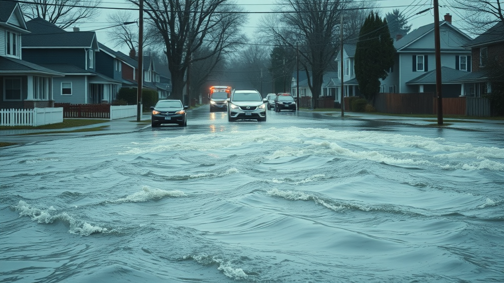 Insurance billed flood damage company responding to flooded residential neighborhood, with homeowners and emergency vehicles present