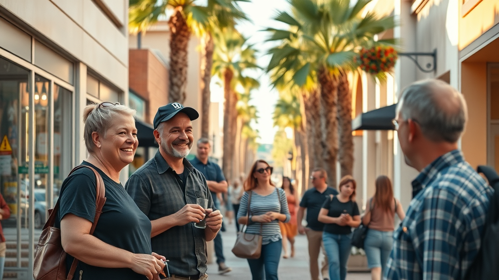 mesa arizona business directory vibrant Mesa downtown street scene, friendly business owners, bustling storefronts, signature palm trees, sunlit, golden hour lighting, highly detailed
