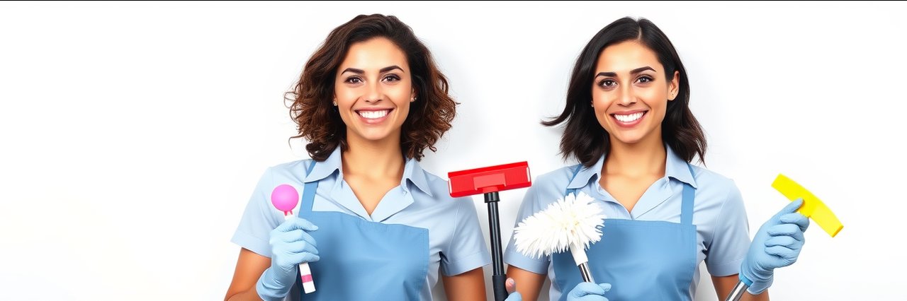 Smiling house cleaning services team in pink uniforms holding supplies