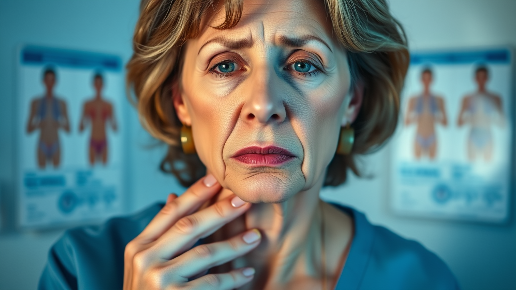 Mature woman checking thyroid gland for symptoms of hormonal imbalance, clinical setting, thyroid hormone indicator
