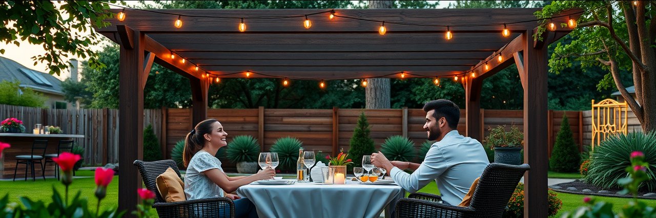 Elegant wooden pergola in Houston backyard with couples dining under string lights