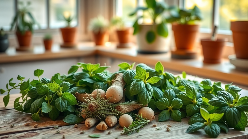 fresh adaptogenic herbs on rustic wooden table for natural endocrine support
