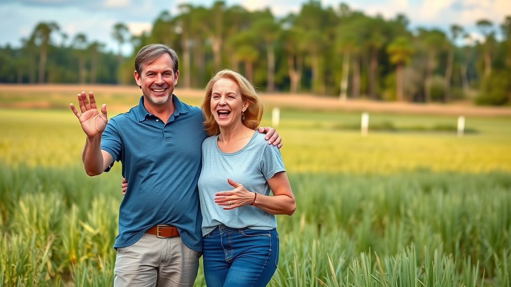 cheerful couple and consultant touring empty lot for custom home north florida