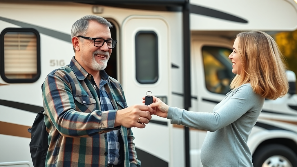 Happy RV owner and buyer celebrating successful private RV sale benefits