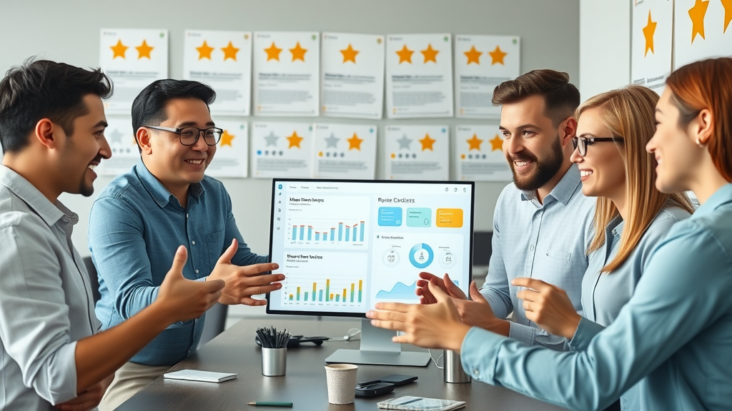 Marketing team planning customer reviews and reputation strategy using digital dashboards and positive review posters