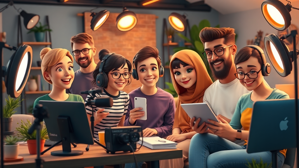 Diverse small business content creators collaborate on budget marketing blog posts and videos