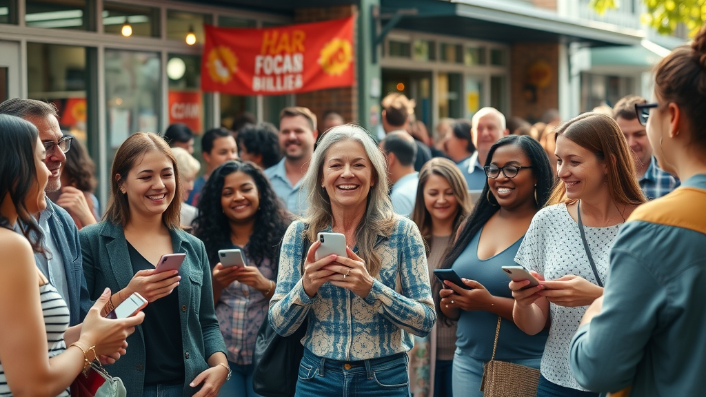 community event outside a local business, diverse group, content localization for small business seo