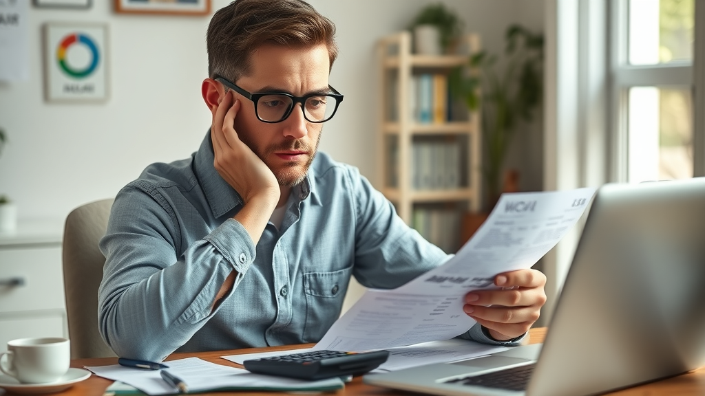 Small business owner reviewing marketing expenses at home office, affordable marketing budget planning