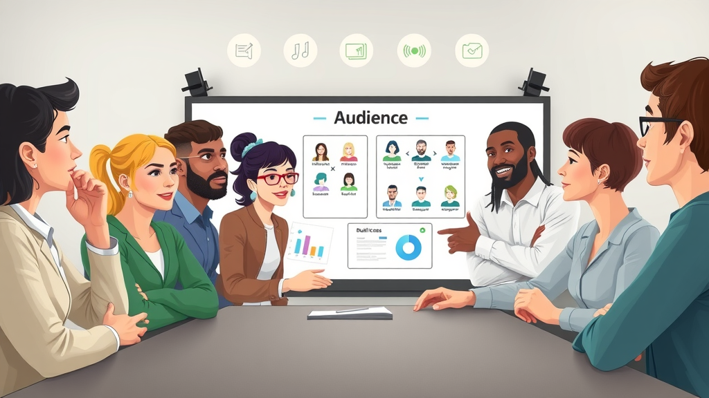 diverse nonprofit team reviewing digital audience personas for nonprofit digital marketing on a digital board, colorful charts and icons