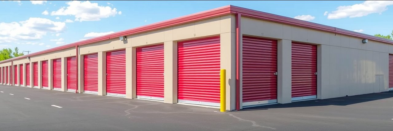 Clean Muskegon self storage units with green doors in a modern facility exterior.