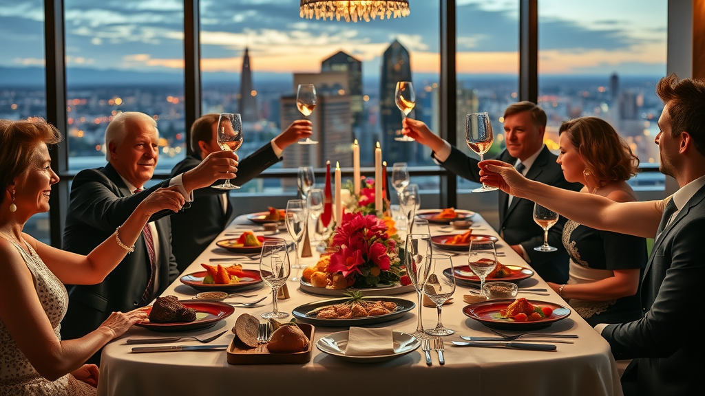 High-end celebration restaurant in Irving Texas majestic dinner table with Texas cuisine and city view
