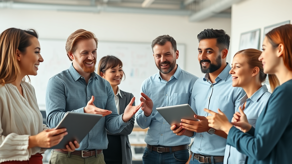 Affordable marketing solutions for small business owners collaborating in a modern co-working space, discussing strategy, laptops and whiteboards present