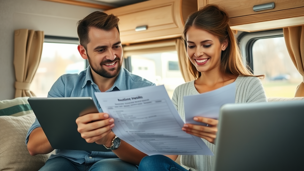 Couple using checklists and digital platforms for maximizing RV sale value and private sale process
