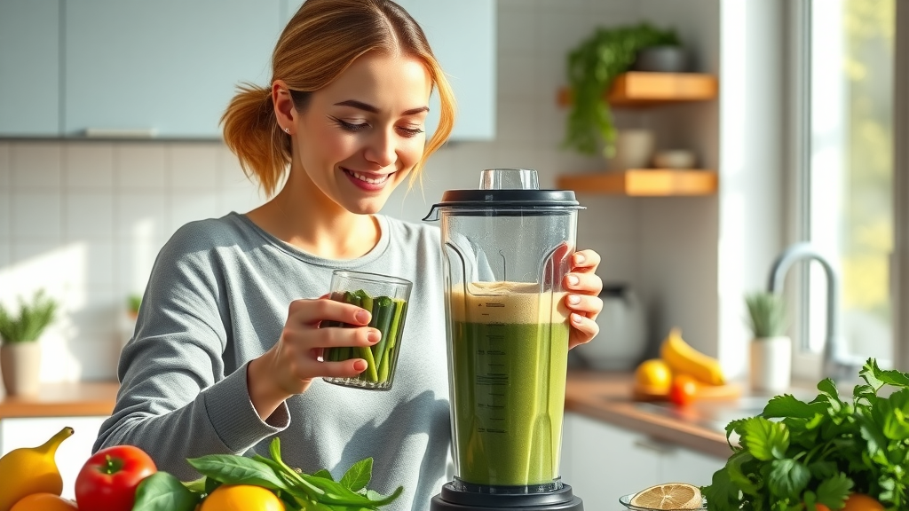 happy adult woman making a green smoothie in a high-end blender, best smoothie blender, sunlit kitchen, fresh fruits and leafy greens