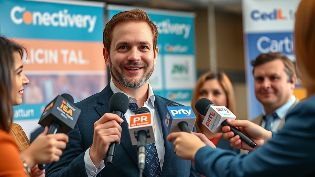PR manager guiding positive brand reputation online during media interview
