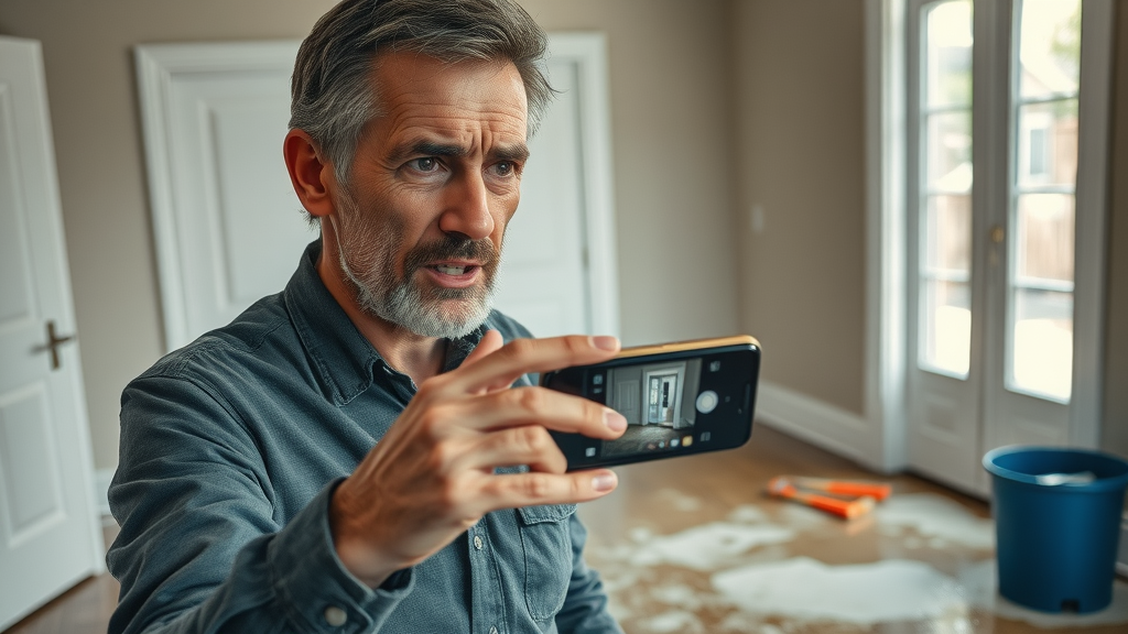 Homeowner documenting water-damaged property for flood damage insurance claim, with restoration tools and moisture visible