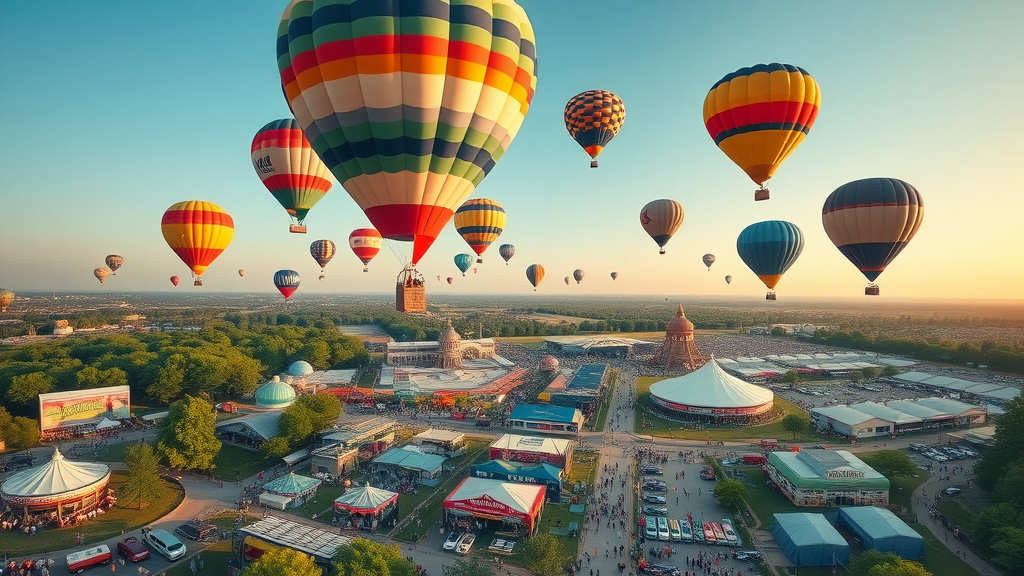 Aerial view of NWA hot air balloon festival with balloons ascending and crowd.