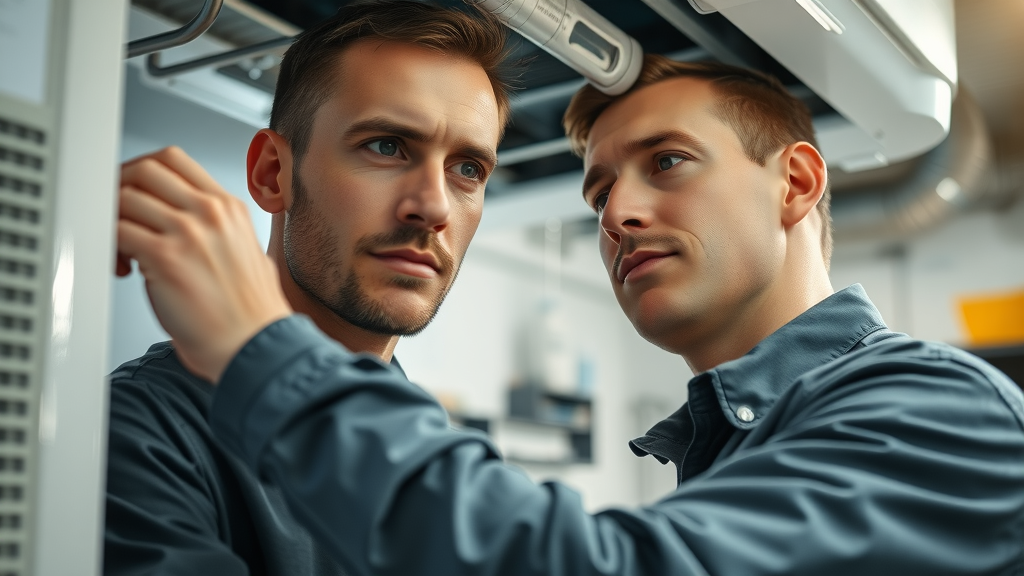 HVAC technician performing preventive HVAC maintenance tips on modern system