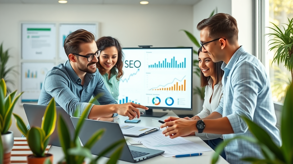 dynamic small business team collaborating on SEO strategy for small business seo strategies