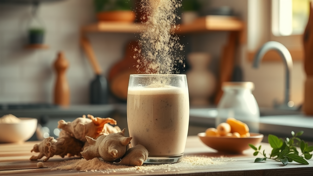 Ashwagandha roots and powder, hormone imbalance, being added to smoothie, photorealistic detail