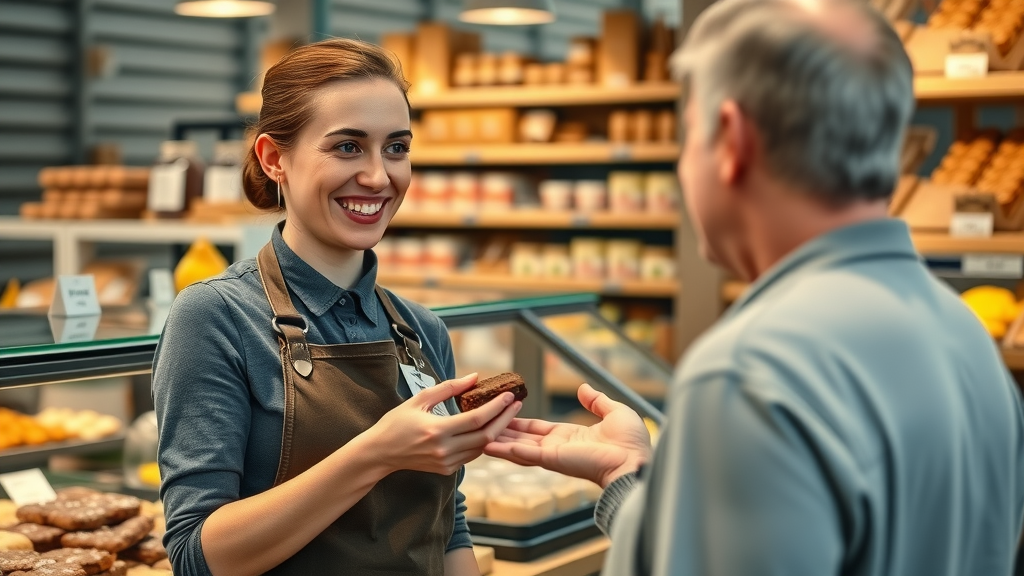 Friendly artisan gourmet market staff offers sample brownies to happy shopper