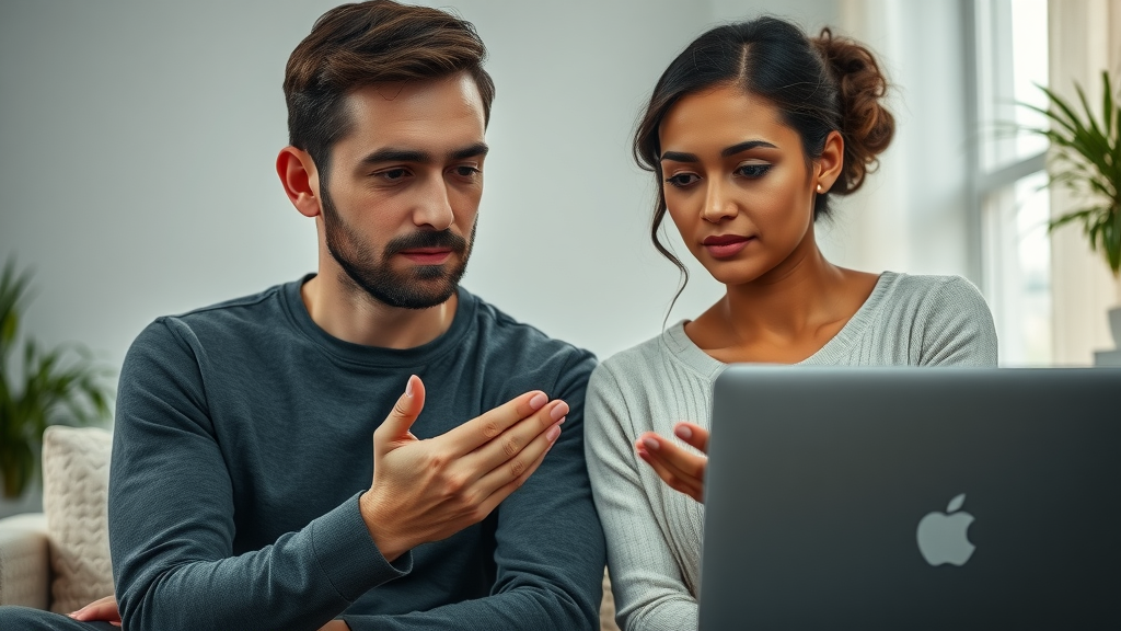 somber couple in virtual infidelity counseling session with therapist offering supportive gesture