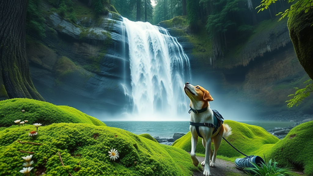 Dog-friendly hikes Central Oregon - dog on leash at Tumalo Falls with owner in lush green forest
