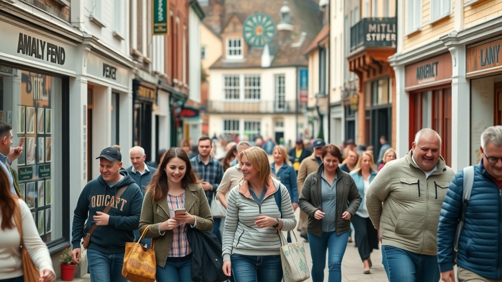 vibrant Monmouthshire town center bustling with shoppers and local business storefronts, dynamic pedestrian movement, market square with historic buildings, natural daylight, shot with a 35mm lens, monmouthshiremedia.com first to market
