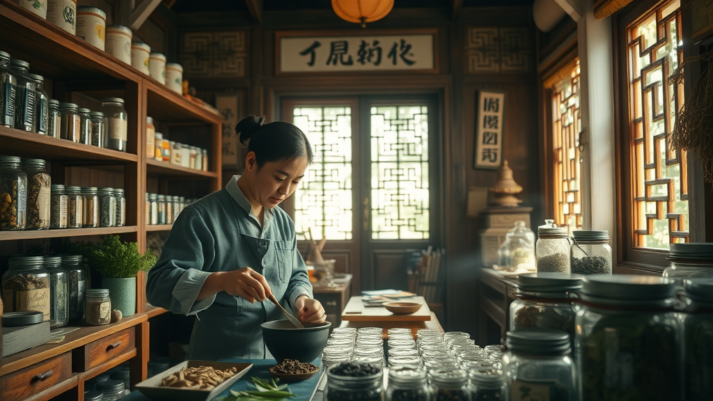 Serene traditional Chinese apothecary with a herbalist preparing medicinal herbs, a captivating display of traditional chinese medicine, herbs, and sunlight through lattice windows.