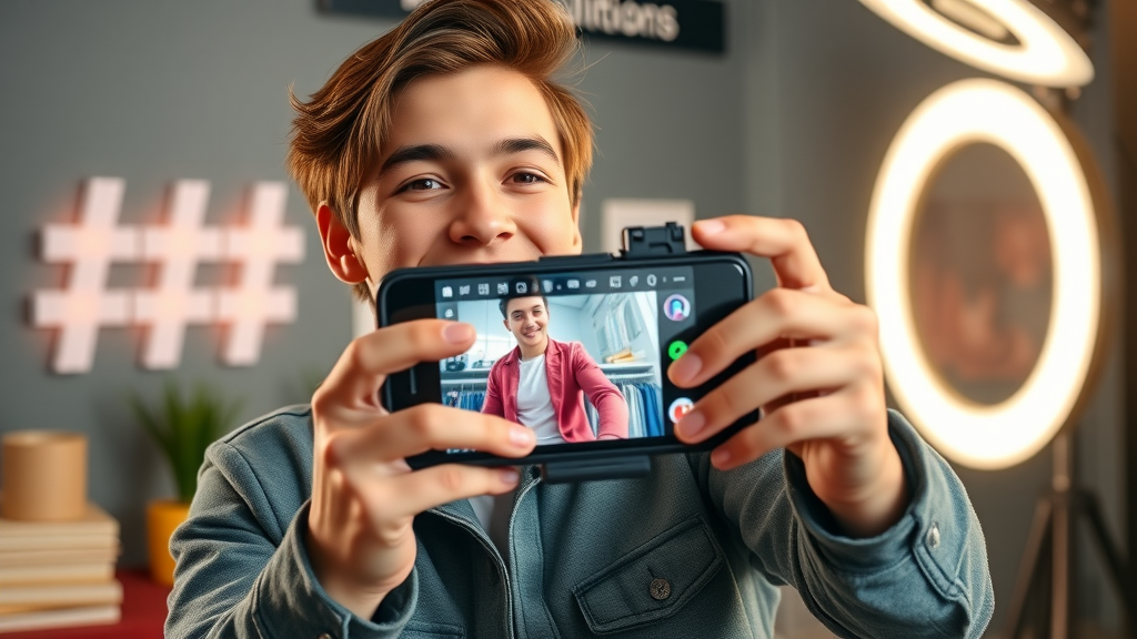 Young influencer filming a social media story to promote a product, lively studio with hashtag lights