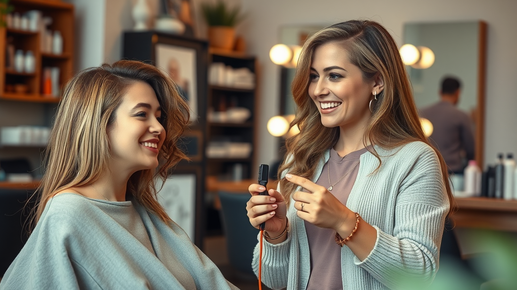 Hair Salon Muskegon stylist consulting client in a welcoming, well-lit salon