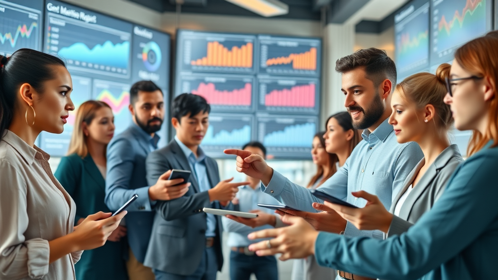 engaging infographic group of diverse people using devices analyzing online statistics digital marketing strategies