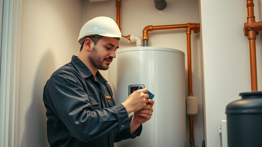 Expert plumber installing water heater in clean utility room, Water Heater Installation