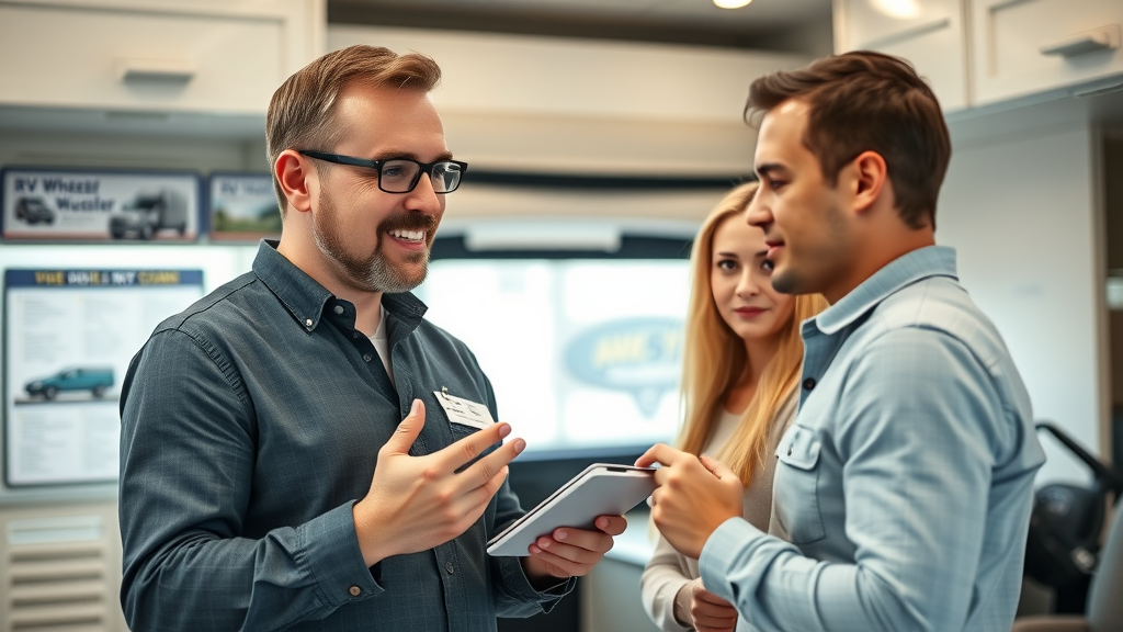 Approachable RV consultant advising young couple in dealership office with RV Wheeler informational posters