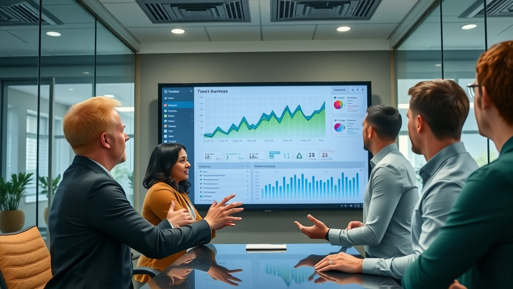 reviewing analytics for email marketing campaign success with real-time dashboard in modern meeting room