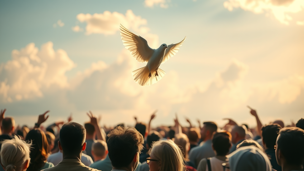 Holy Spirit as a dove ascending over diverse people, Pentecost symbolism, glowing peaceful sky