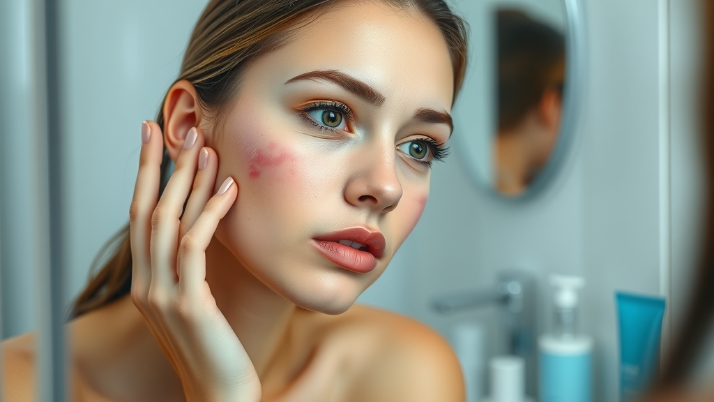 young woman checking acne for signs of hormone imbalance in mirror