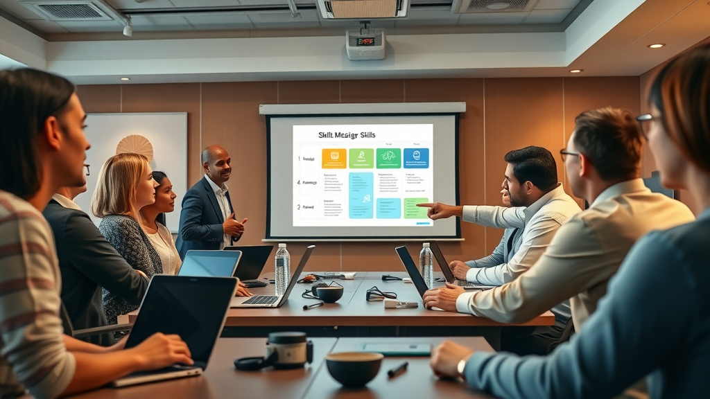 Dedicated nonprofit staff learning digital skills from an instructor, using laptops and projection screens in a collaborative training session.