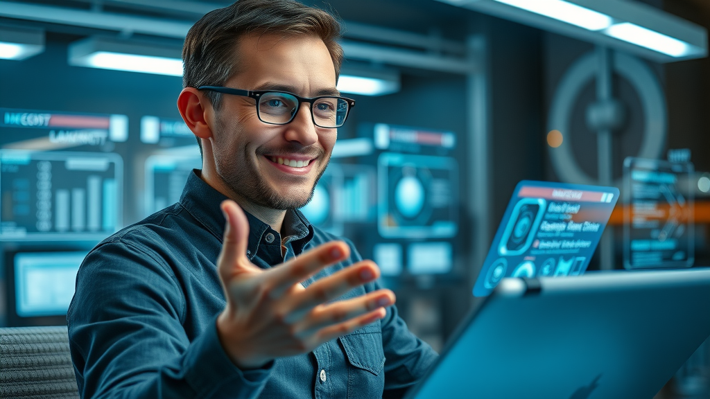 Modern work and life balance, confident professional using futuristic digital tools