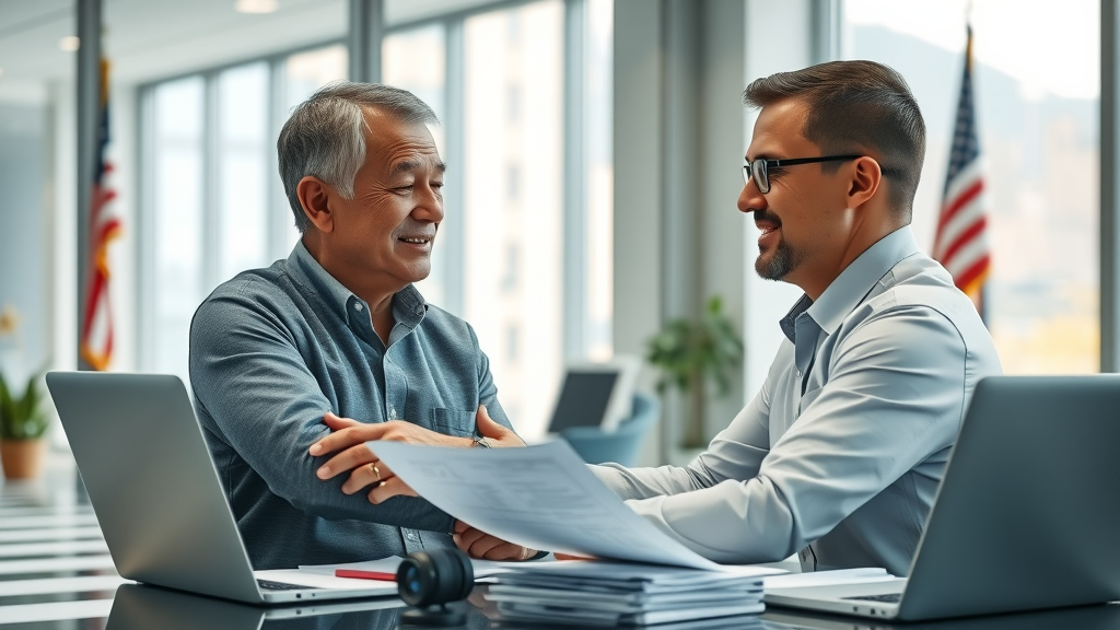 Veteran receiving VA claim assistance with expert support at a modern office.
